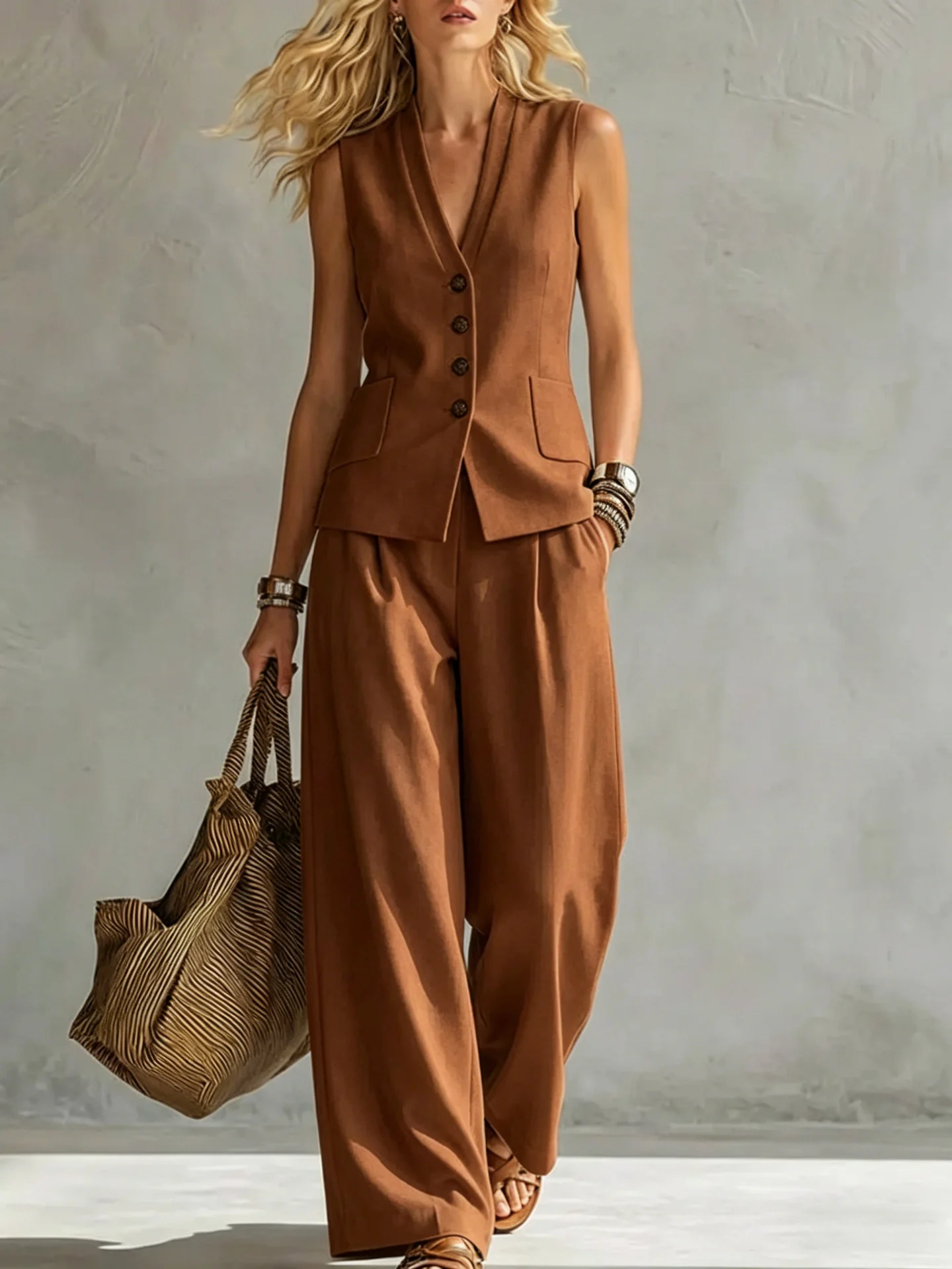 Two-piece V-Neck Sleeveless Vest And Wide Leg Pants For Women Summer Solid-Colored Sleeveless Casual Linen Tank Top And Pants Set - Image 4