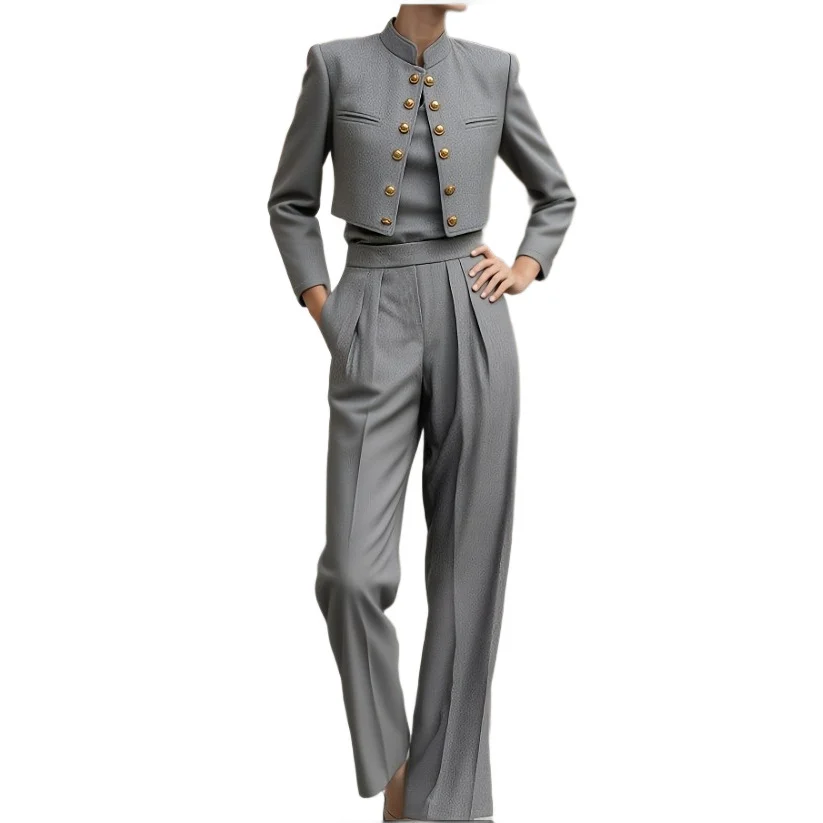 Elegant Commuter Suit Set For Women Gray Blazer And Pants Two-Piece Set - Image 6