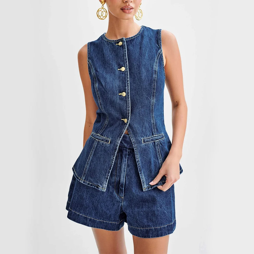 Fashion Denim Suit Summer Casual Sleeveless Button Vest Top And High Waist Shorts Set For Womens Clothing - Image 5