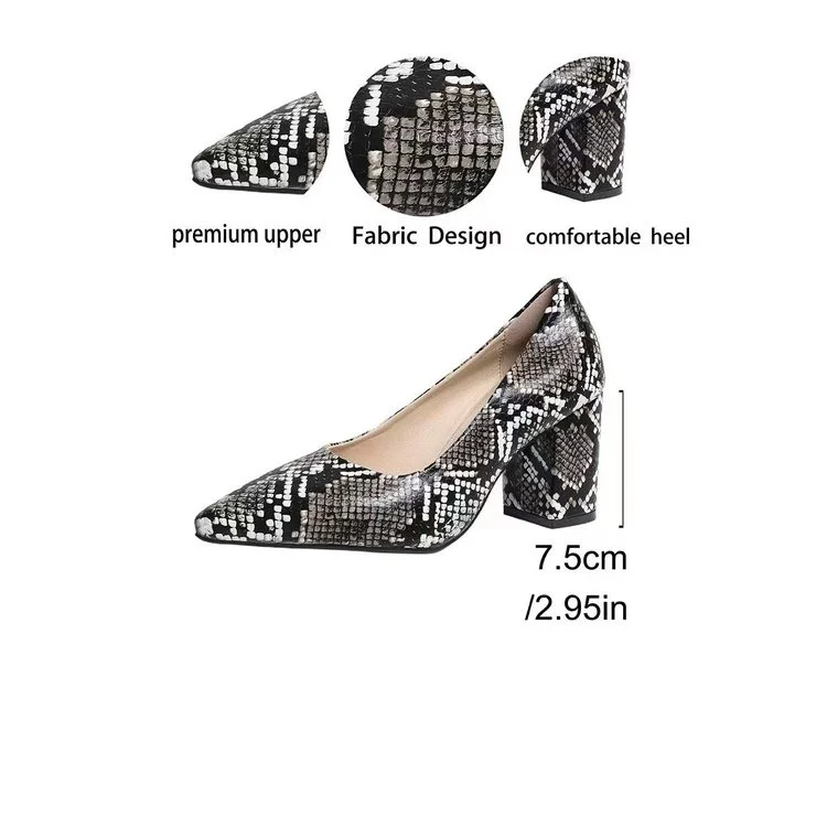 Women's Snake Print Pointed Toe Block Heel Pumps 2026 Spring Summer Elegant High Heels Versatile Office Party Shoes - Image 2