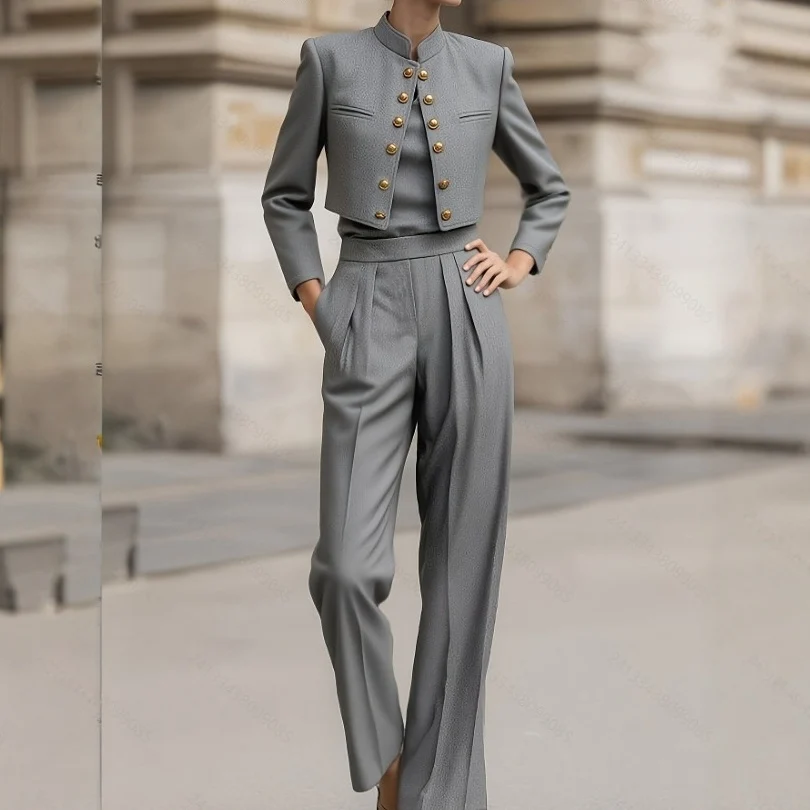Elegant Commuter Suit Set For Women Gray Blazer And Pants Two-Piece Set