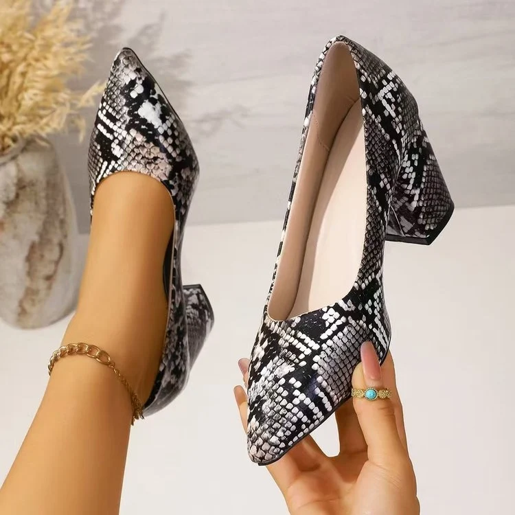 Women's Snake Print Pointed Toe Block Heel Pumps 2026 Spring Summer Elegant High Heels Versatile Office Party Shoes - Image 7