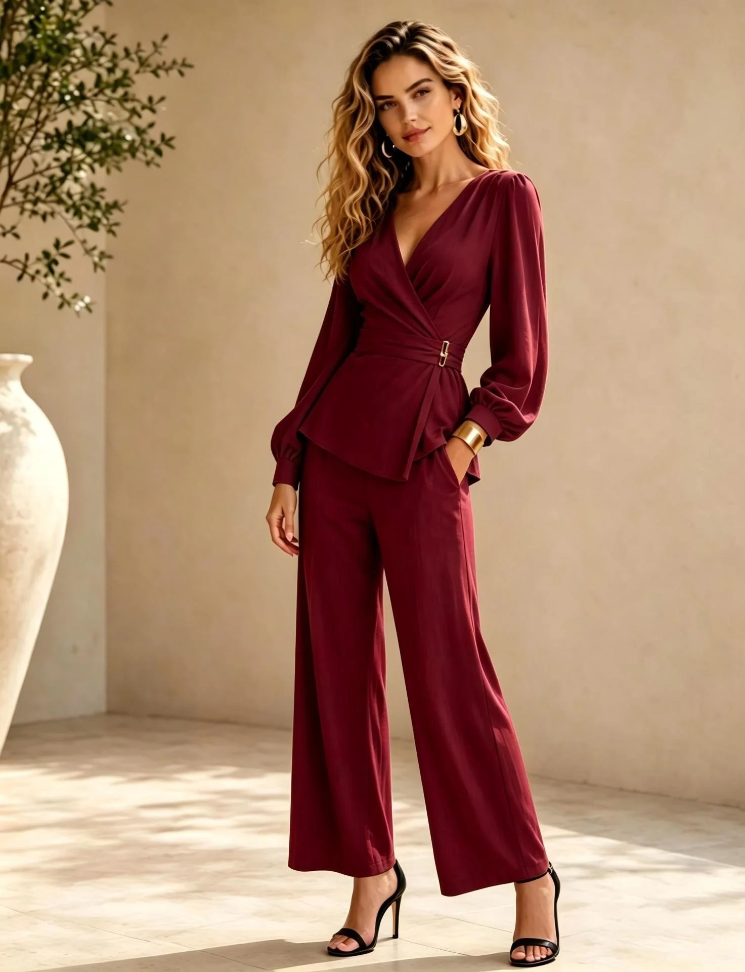 Elegant Womens Fashionable Casual V-Neck Slim-Fit Long-Sleeve Top And Wide-Leg Pants Two-Piece Set - Image 10