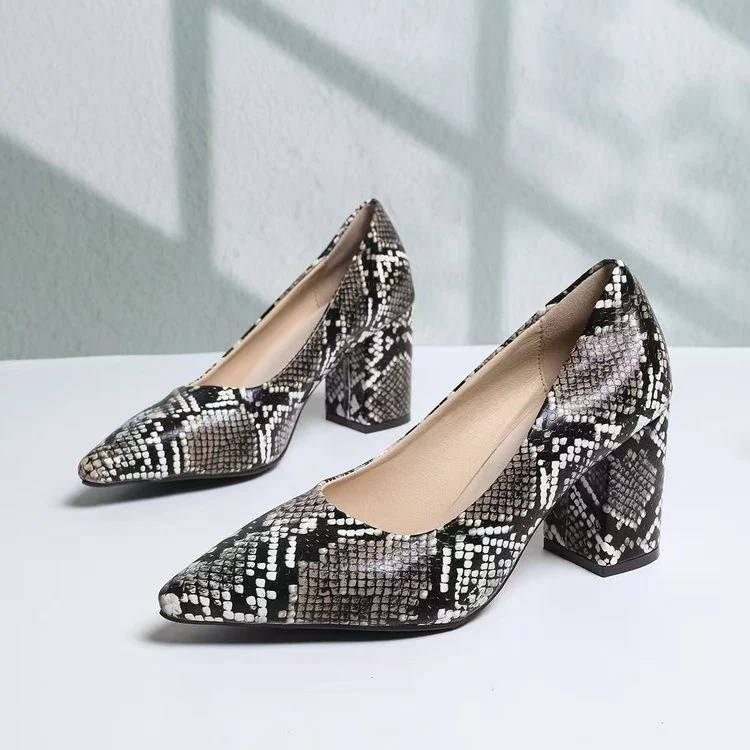 Women's Snake Print Pointed Toe Block Heel Pumps 2026 Spring Summer Elegant High Heels Versatile Office Party Shoes - Image 3