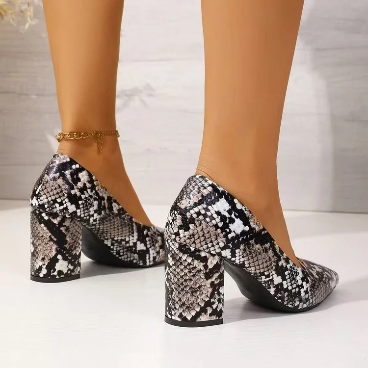 Women's Snake Print Pointed Toe Block Heel Pumps 2026 Spring Summer Elegant High Heels Versatile Office Party Shoes - Image 6