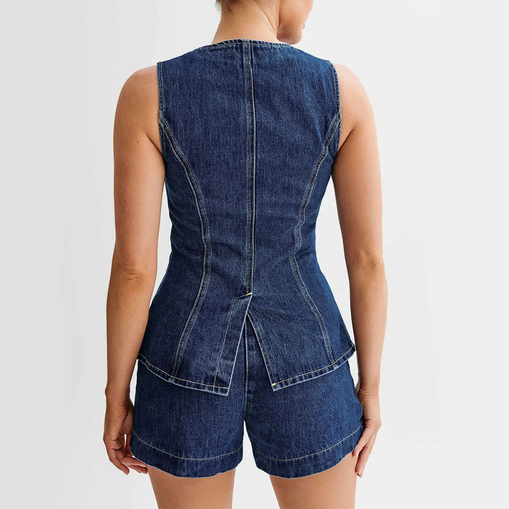 Fashion Denim Suit Summer Casual Sleeveless Button Vest Top And High Waist Shorts Set For Womens Clothing - Image 8