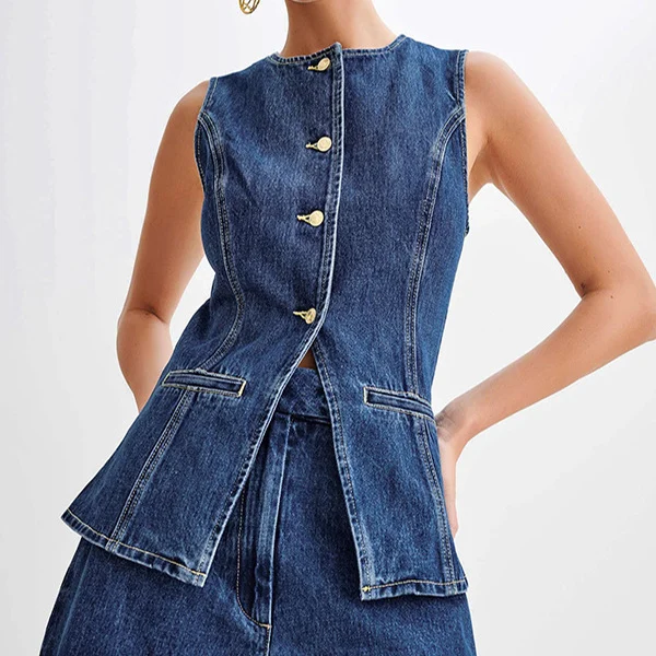 Fashion Denim Suit Summer Casual Sleeveless Button Vest Top And High Waist Shorts Set For Womens Clothing - Image 4