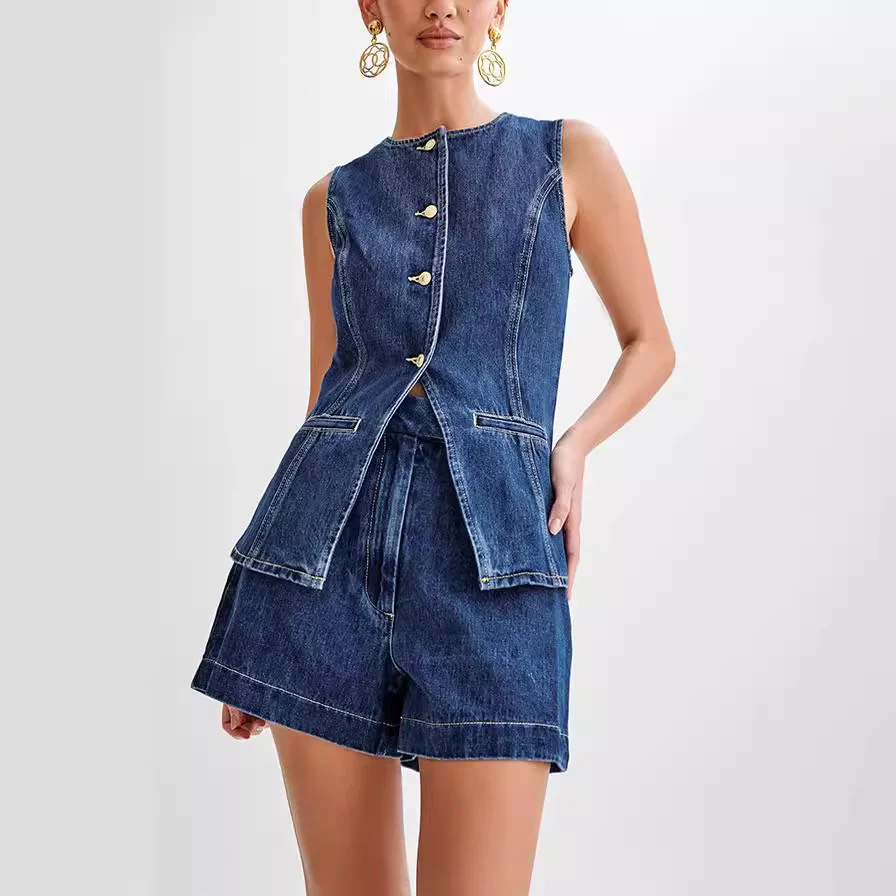Fashion Denim Suit Summer Casual Sleeveless Button Vest Top And High Waist Shorts Set For Womens Clothing - Image 6