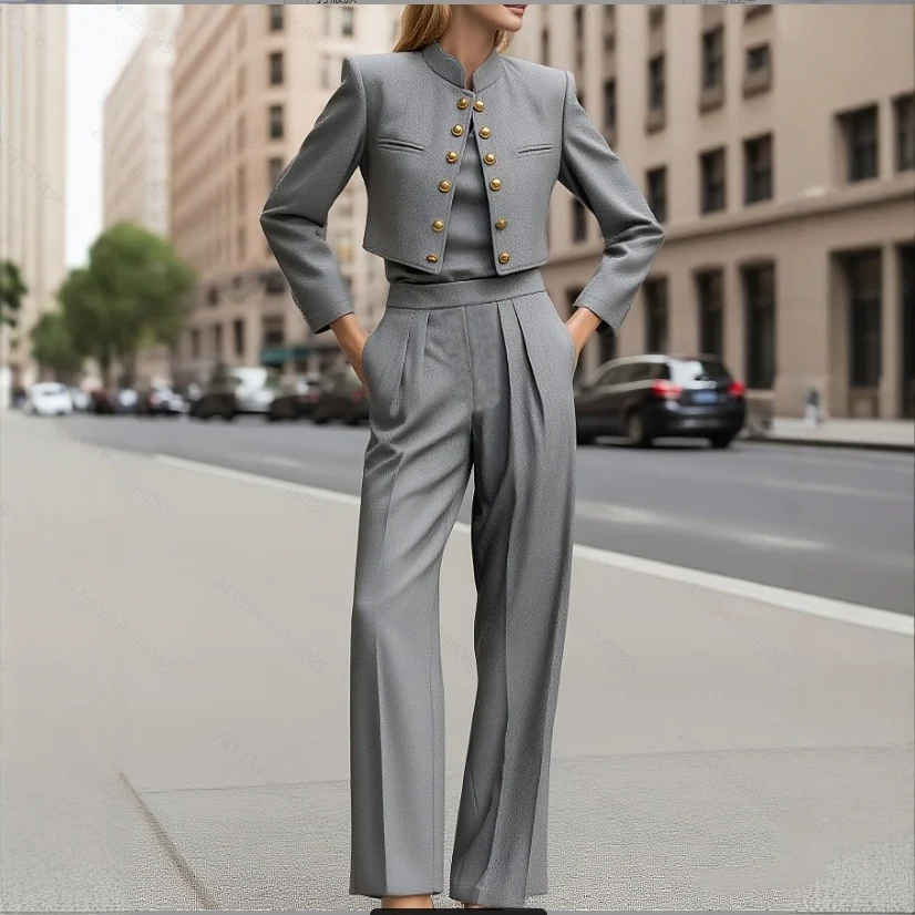 Elegant Commuter Suit Set For Women Gray Blazer And Pants Two-Piece Set - Image 3