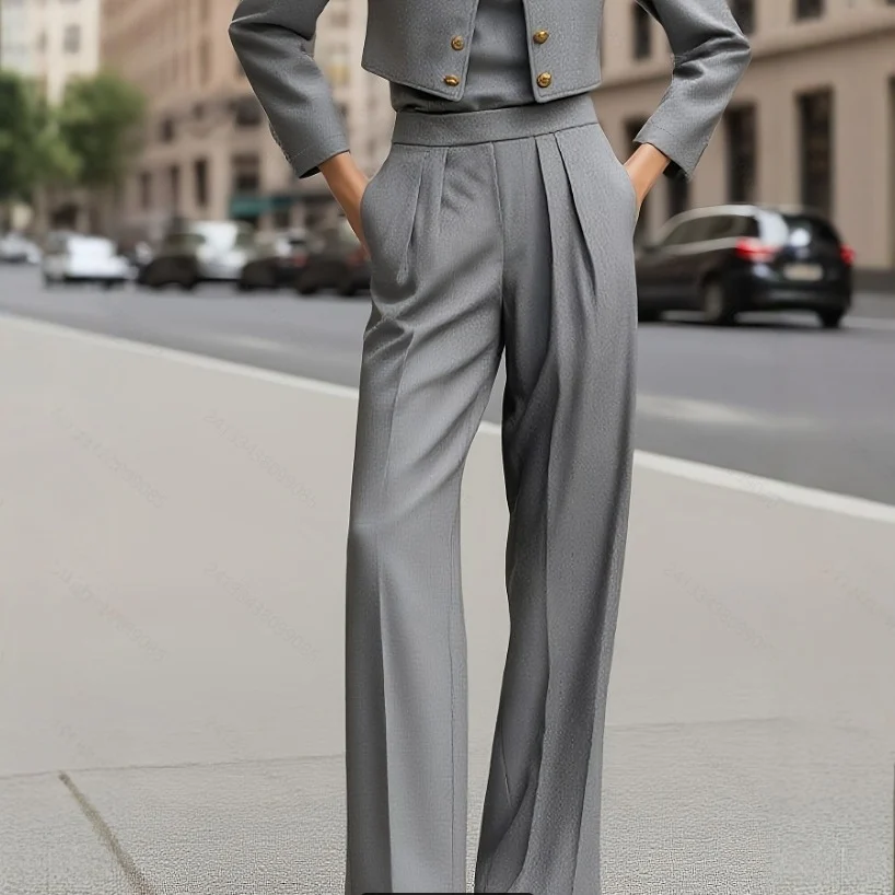 Elegant Commuter Suit Set For Women Gray Blazer And Pants Two-Piece Set - Image 5
