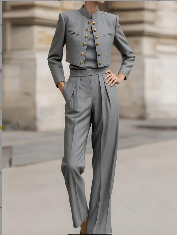 Elegant Commuter Suit Set For Women Gray Blazer And Pants Two-Piece Set - Image 4
