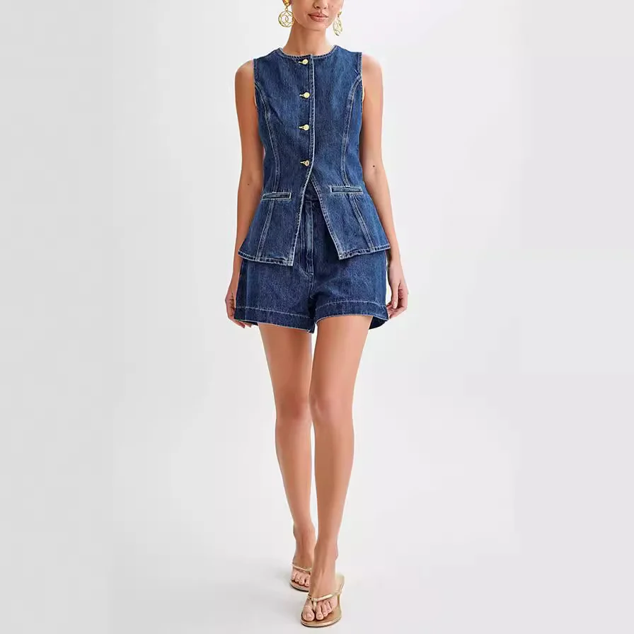 Fashion Denim Suit Summer Casual Sleeveless Button Vest Top And High Waist Shorts Set For Womens Clothing - Image 10